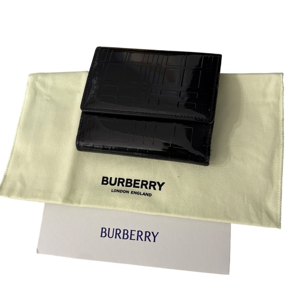Burberry Black Patent Leather Embossed Compact Trifold Wallet Coin Purse